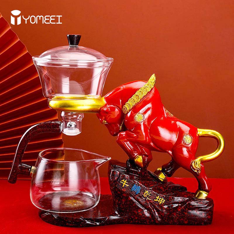 YOMEEI New Arrivals Fu Niu Automatic Glass Tea Set Household Living Lazy Rea Bull Teapot Making Transparent Strainer Tea Pot acacuss