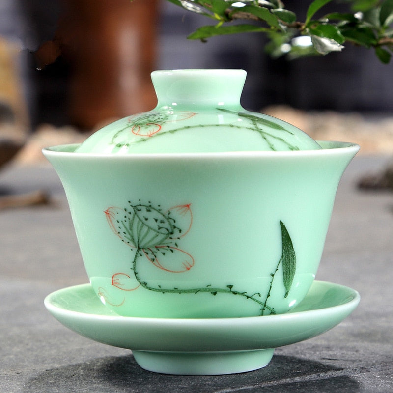 longquan celadon gaiwan porcelain handpainted tureen fish relief cup bowl with lid saucer mountain river print lotus design acacuss